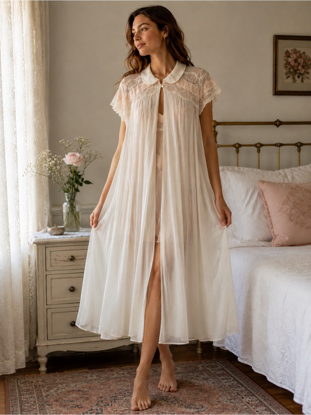 Vintage Eyeful by Ruth Flaum‎ Ivory Sheer Nylon Lace Peignoir Negligee 1960s